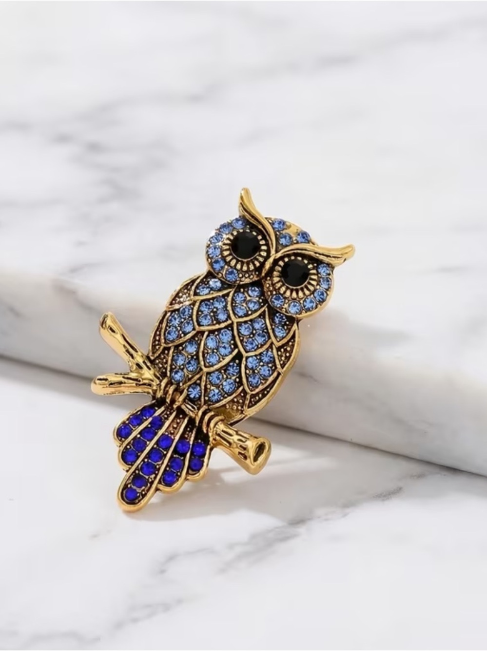 Blue Rhinestone Owl Brooch Gold Tone Crystal Bird Pin